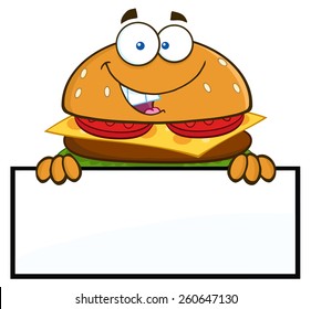 Hamburger Cartoon Character Over A Blank Sign. Vector Illustration Isolated On White