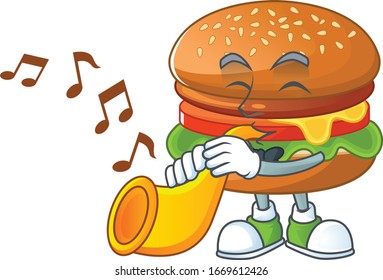 Hamburger cartoon character playing music with a trumpet