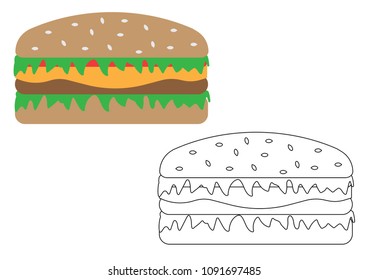 Hamburger cartoon. Coloring page for children. Leisure activity. Vector illustration.
