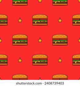 Hamburger cartoon so cute. On star red background. Pattern seamless vector illustration.  

