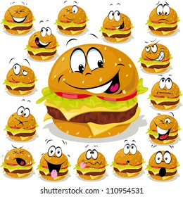 hamburger cartoon illustration with many expressions