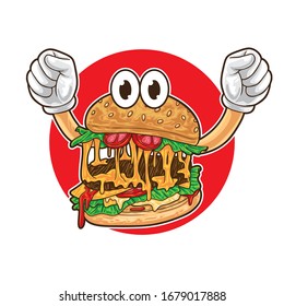 Hamburger cartoon mascot happy with arms up in the air.