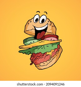 Hamburger cartoon mascot with happy expression