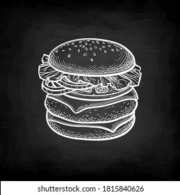 Hamburger. Chalk sketch on blackboard background. Hand drawn vector illustration. Retro style.
