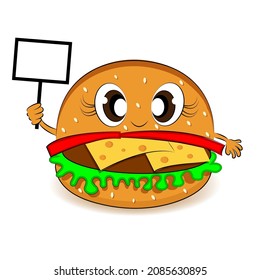 Hamburger character cute funny poster you can paste your text on the poster perfect for restaurant business banner posters cartoon. Vector illustration
