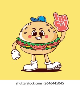 hamburger character mascot with number 1 glove. fast food fan cartoon with pointing finger