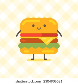Hamburger character standing and smiling. Funny character. Vector Illustration
