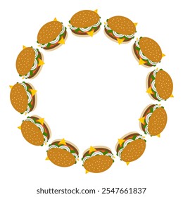 Hamburger with chees, cutlet, salad, slice tomato and onion rings Round Frame border Hamburger Day