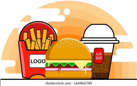 Hamburger cheese with beef, salad tomato and ham. French Fries and Cola Soda. Vector illustration. Items for cafe and restaurant menu. fast food set.