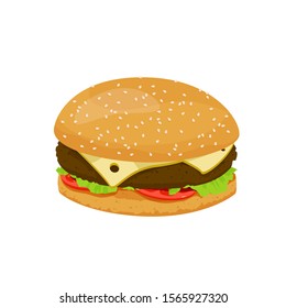 Hamburger with cheese, cutlet and vegetables. Vector food illustration.