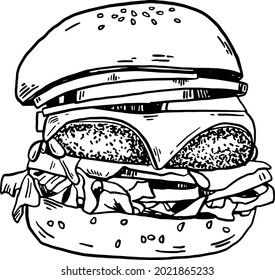 Hamburger with cheese Homemade rustic style Fast food menu Hand drawn line art vector illustration	