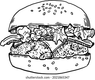 Hamburger with cheese Homemade rustic style Fast food menu Hand drawn line art vector illustration	