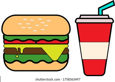 Hamburger with cheese and lettuce with cola syrup on a white background