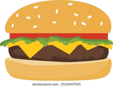 hamburger with cheese and lettuce on it isolated flat illustration