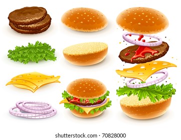 hamburger with cheese, lettuce, onion and meat rissole. Vector illustration