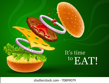 hamburger with cheese, lettuce, onion and meat rissole. Vector illustration