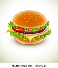 hamburguesa con queso, lechuga, cebolla y rissole de carne. Ilustración del vector