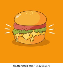 Hamburger with cheese, lettuce, pickles and thick meat vector, icon and illustrator 