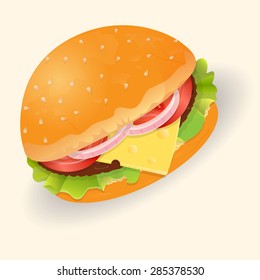 Hamburger with cheese, lettuce, tomato and beef cutlet