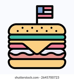 Hambúrguer Com Alface E Tomate. Cheeseburger Com Bandeira Dos Estados Unidos Como Símbolo De Comida Americana, Ícone De Quatro De julho, Ícone De Cor Lineal Estilo Vetor.	