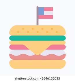 Hamburger With Cheese Lettuce And Tomato. Cheeseburger With USA Flag As American Food Symbol, Fourth Of July Icon, Vector Style Flat Icon. 