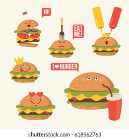 Hamburger with cheese, salad, tomatoes. Funny fast food icons set. Vector illustration for restaurant menu design, card, sticker,avatar. Burger cartoon comic character. Food emoticon.