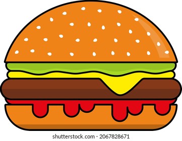 Hamburger with cheese and sesame seeds isolated on white background. Vector sticker icon.