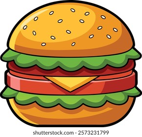 Hamburger with cheese, vegetables and cutlet. Fast food linear icon ...