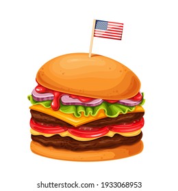 Hamburguesa o hamburguesa de queso con bandera estadounidense como icono vector de dibujos animados. Comida rápida para el diseño de cafés a la carta.