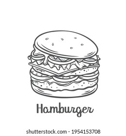 Hamburger or cheeseburger with American Flag skewers outline vector icon. Drawn fast food takeaway meal for menu cafe design.