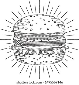 Hamburger/ Cheeseburger - black and white illustration/ drawing