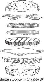 Hamburger/ Cheeseburger - black and white illustration/ drawing