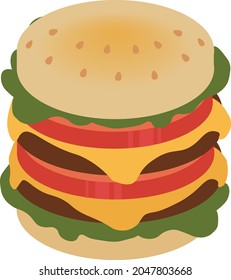 hamburger Cheeseburger with bread, meat, cheese, lettuce and tomato.