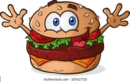 Hamburger Cheeseburger Cartoon Character Celebrating With Arms In The Air