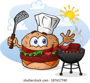 Hamburger Cheeseburger Cartoon Character Grilling with a Chef Hat