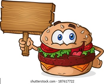 Hamburger Cheeseburger Cartoon Character Holding A Wooden Sign