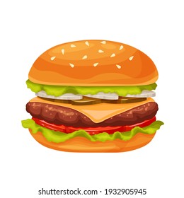 Hamburger or cheeseburger cartoon vector icon. Fast food takeaway meal for menu cafe design.