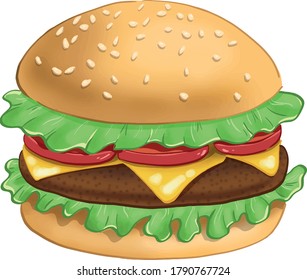 Vektor Stok Hamburger Cheeseburger Color Illustration Cartoon Style