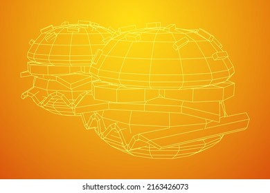 Hamburger or cheeseburger with cutlets, cheese, tomatoes, and other. Wireframe low poly mesh vector illustration.