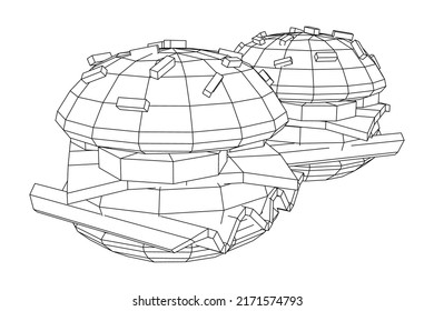Hamburger oder Käseseburger mit Kuchen, Käse, Tomaten und anderen. Wireframe Low-Poly-Mesh, Vektorgrafik.