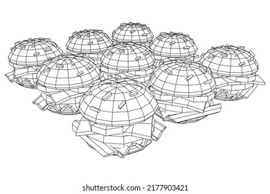 Hamburger or cheeseburger with cutlets, cheese, tomatoes, and other. Wireframe low poly mesh vector illustration.