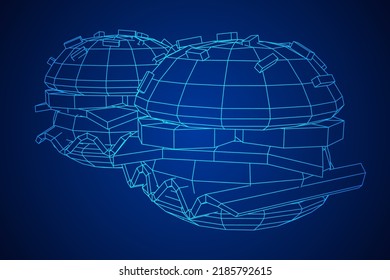 Hamburger or cheeseburger with cutlets, cheese, tomatoes, and other. Wireframe low poly mesh vector illustration.