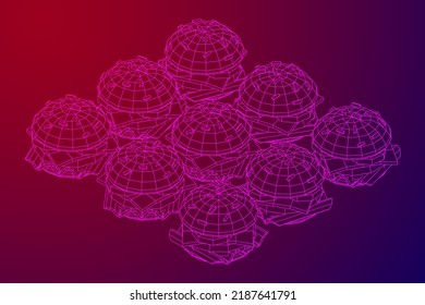 Hamburger or cheeseburger with cutlets, cheese, tomatoes, and other. Wireframe low poly mesh vector illustration.