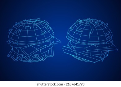 Hamburger or cheeseburger with cutlets, cheese, tomatoes, and other. Wireframe low poly mesh vector illustration.