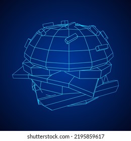 Hamburger or cheeseburger with cutlets, cheese, tomatoes, and other. Wireframe low poly mesh vector illustration.