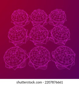 Hamburger or cheeseburger with cutlets, cheese, tomatoes, and other. Wireframe low poly mesh vector illustration.