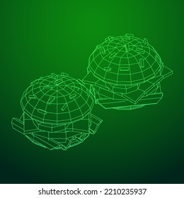 Hamburger or cheeseburger with cutlets, cheese, tomatoes, and other. Wireframe low poly mesh vector illustration.