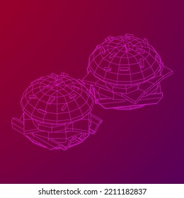 Hamburger or cheeseburger with cutlets, cheese, tomatoes, and other. Wireframe low poly mesh vector illustration.