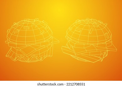 Hamburger or cheeseburger with cutlets, cheese, tomatoes, and other. Wireframe low poly mesh vector illustration.