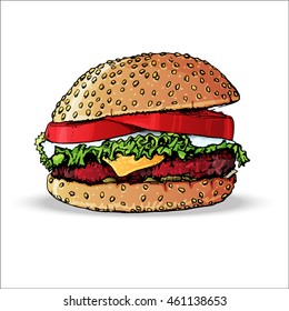 Hamburger. Cheeseburger. Fast food. Vector.Hamburger on white background.